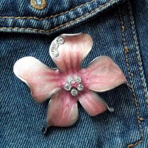 1960s Flower Brooche Enameled Swirl Glazed Pink Floral Coat Pin Crystals Collect